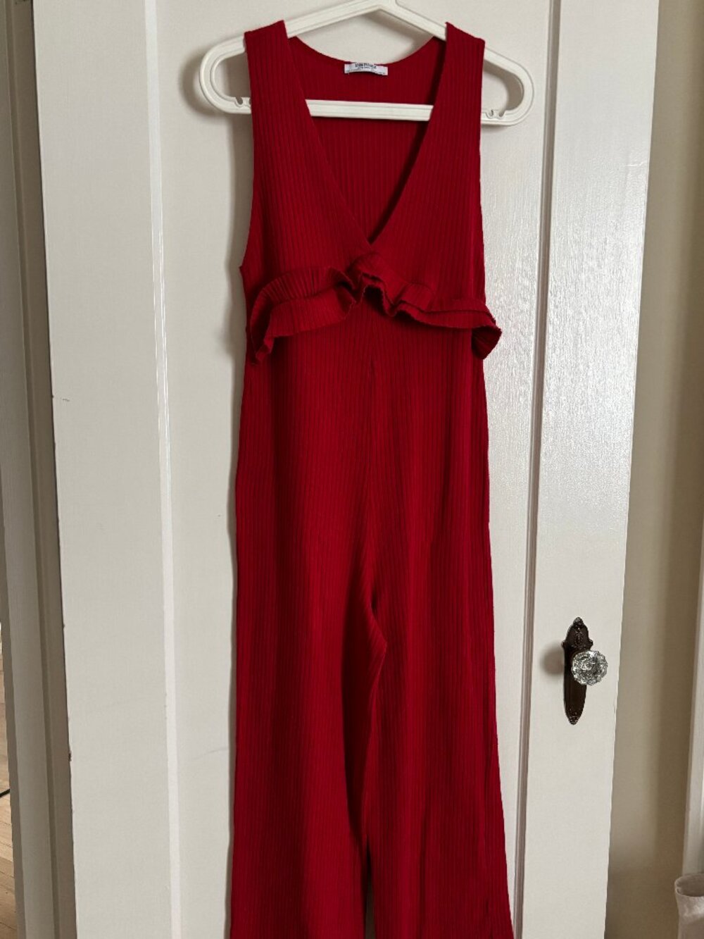 Zara Red Ribbed Jumpsuit with Ruffles